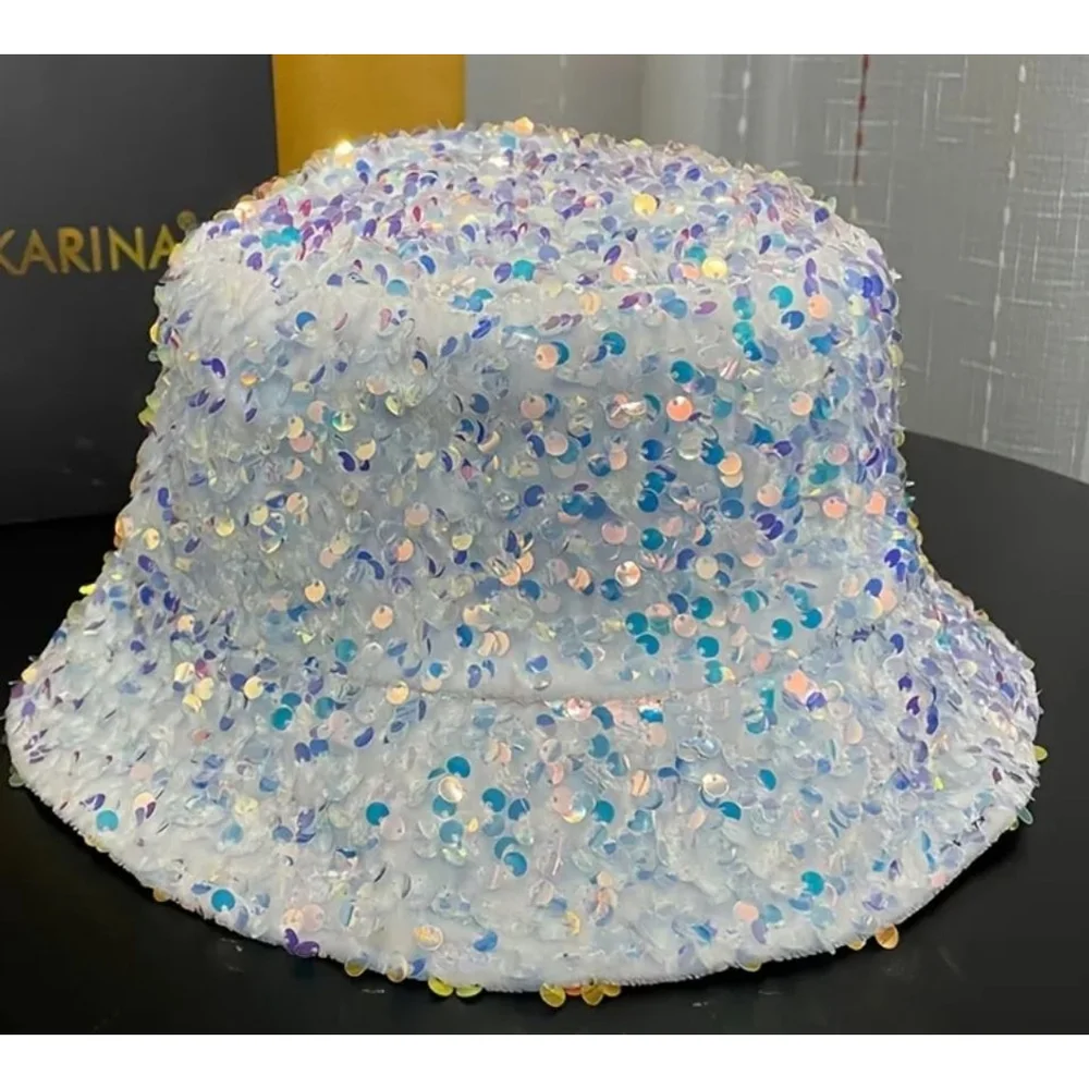The Bucket is Back Baby! Sparkling Iridescent sequins, white Bucket Hat